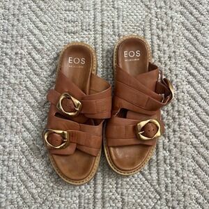 EOS Melbourne Tan Leather Double Buckle Flat Slide Sandals Womens 38